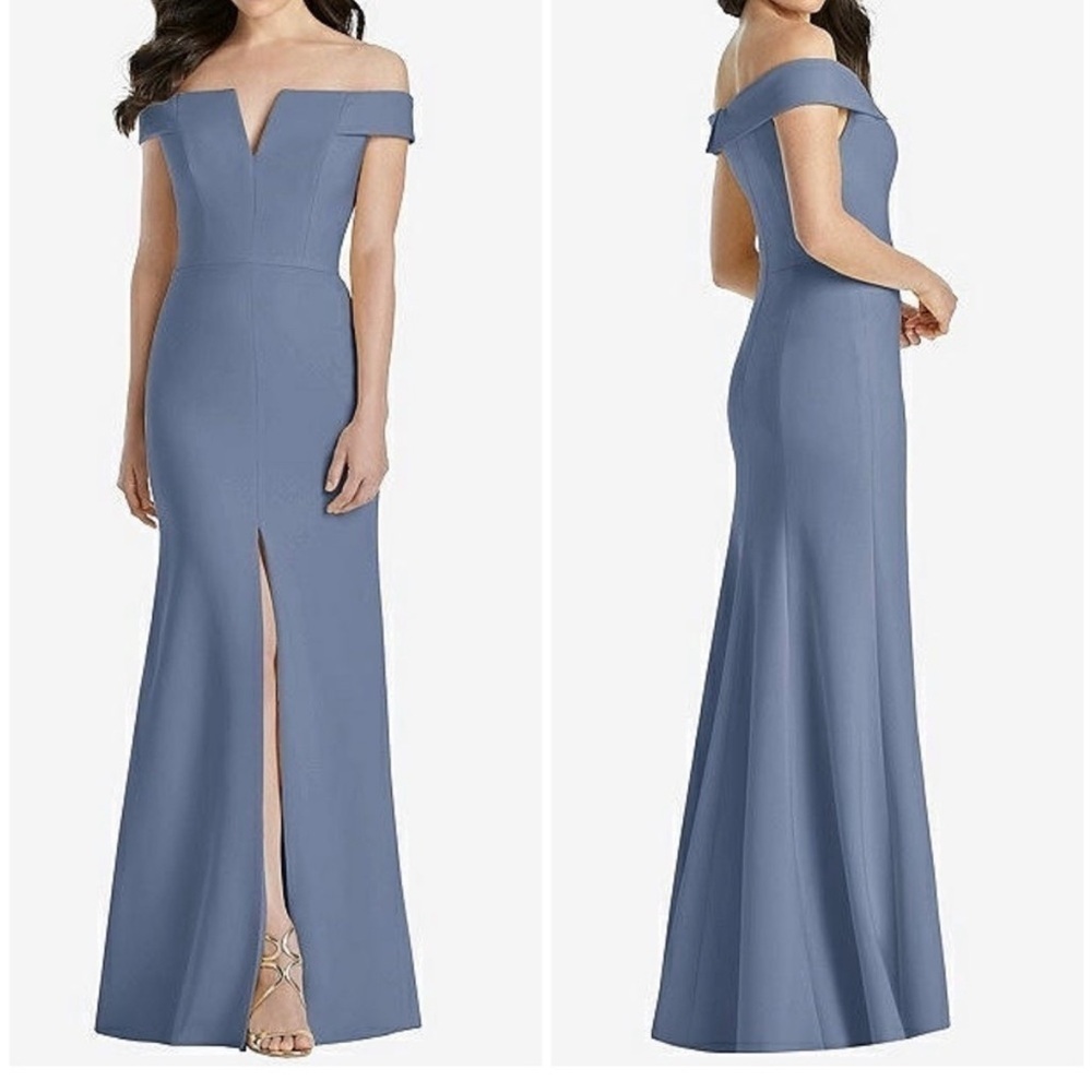 Dessy Collection Off The Shoulder Trumpet Gown Bridesmaid Dress Larkspur 6